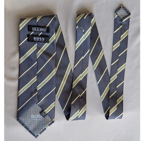 BOSS Hugo Boss 100% Silk Tie Striped Gray Yellow Jacquard Made in Italy - Picture 3 of 5